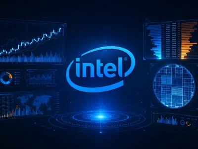 The Intel logo glowing at the centre of a dark navy trading display surrounded by equity charts, an order book ladder and a silicon wafer schematic