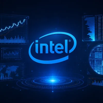 The Intel logo glowing at the centre of a dark navy trading display surrounded by equity charts, an order book ladder and a silicon wafer schematic