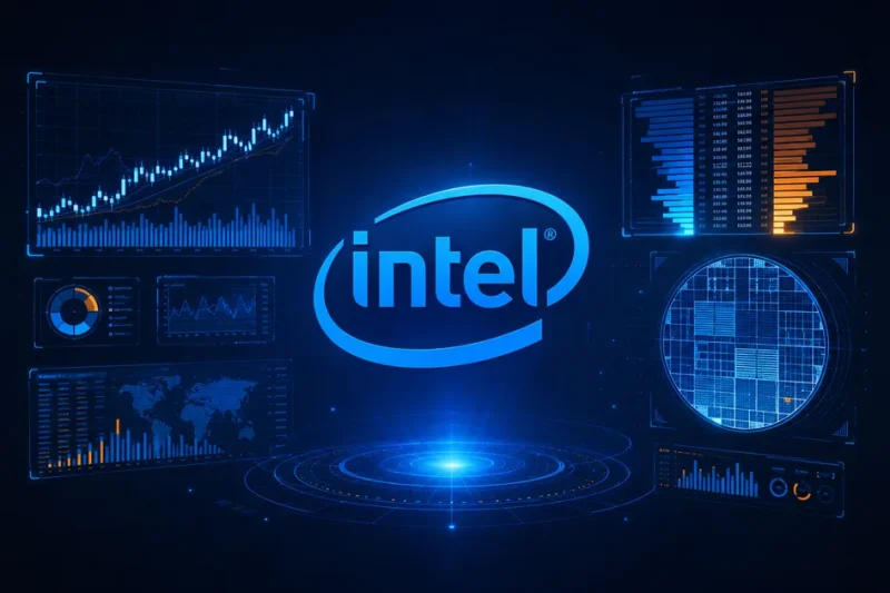 The Intel logo glowing at the centre of a dark navy trading display surrounded by equity charts, an order book ladder and a silicon wafer schematic