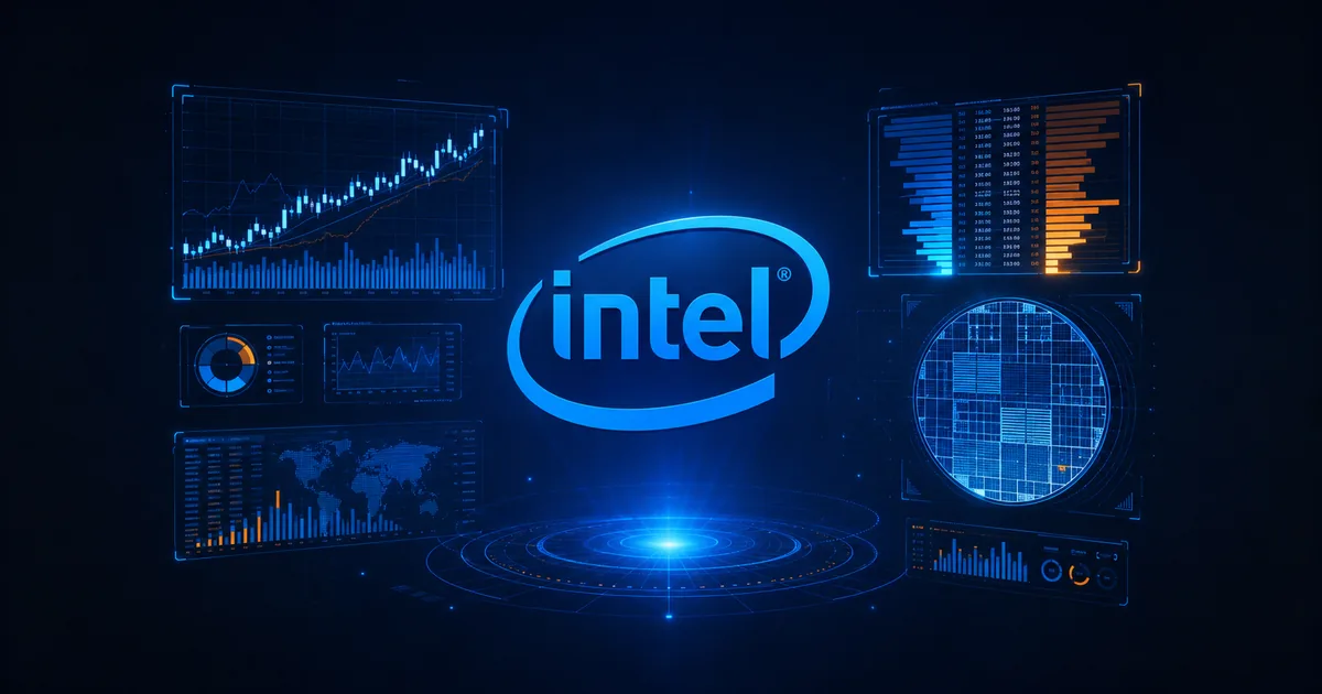 The Intel logo glowing at the centre of a dark navy trading display surrounded by equity charts, an order book ladder and a silicon wafer schematic