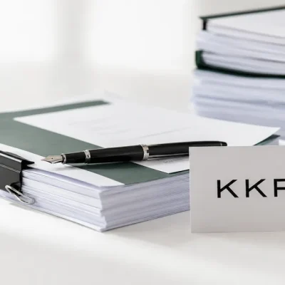 A printed card bearing the KKR logo standing beside bound stacks of legal filing documents and a fountain pen on a white studio backdrop