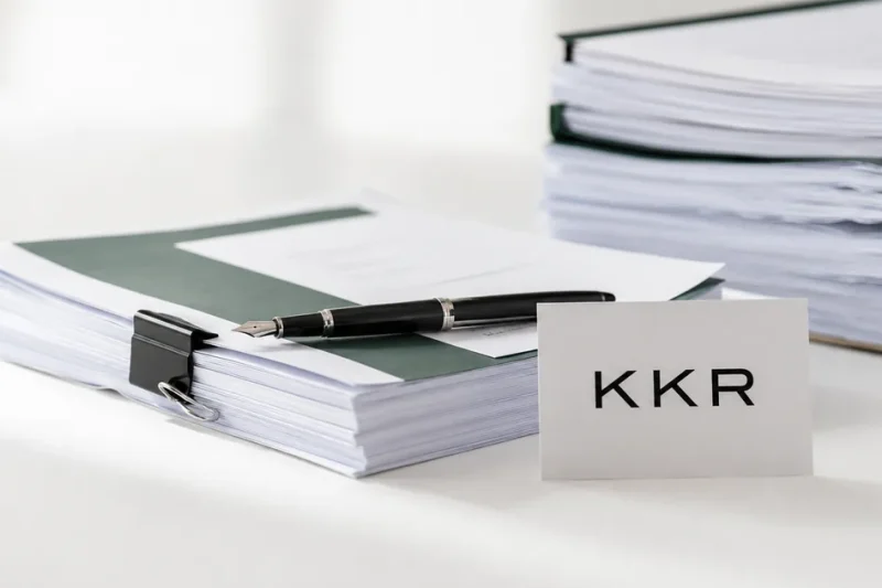 A printed card bearing the KKR logo standing beside bound stacks of legal filing documents and a fountain pen on a white studio backdrop