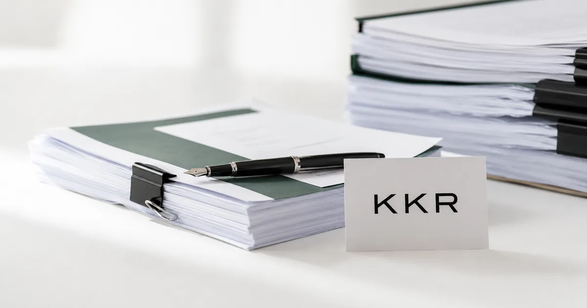A printed card bearing the KKR logo standing beside bound stacks of legal filing documents and a fountain pen on a white studio backdrop