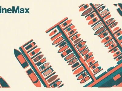 Two-colour risograph poster in coral and teal showing rows of boats moored along marina dock fingers from above, with the MarineMax wordmark
