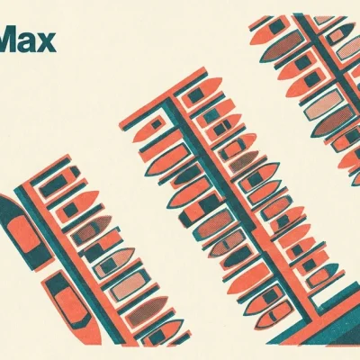 Two-colour risograph poster in coral and teal showing rows of boats moored along marina dock fingers from above, with the MarineMax wordmark