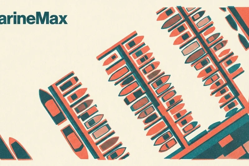 Two-colour risograph poster in coral and teal showing rows of boats moored along marina dock fingers from above, with the MarineMax wordmark