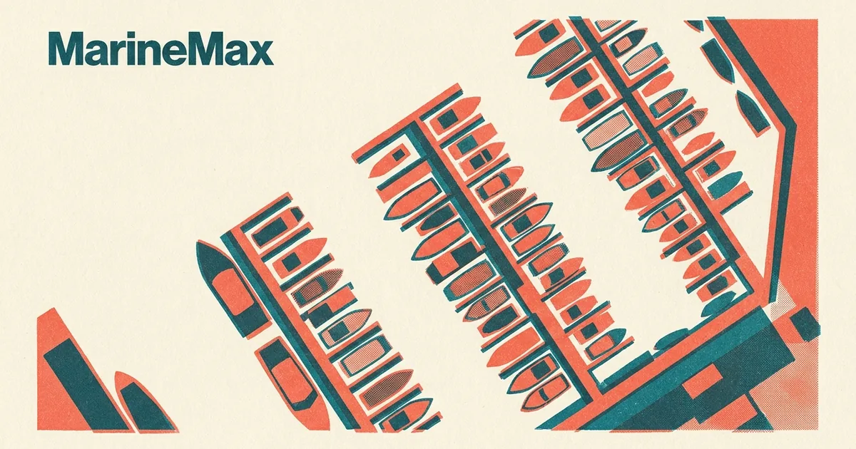 Two-colour risograph poster in coral and teal showing rows of boats moored along marina dock fingers from above, with the MarineMax wordmark