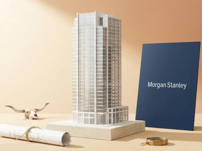 White scale model of a glass office tower on a limestone plinth next to a navy panel showing the Morgan Stanley logo, with a blueprint and a longhorn skull