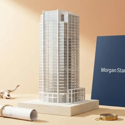White scale model of a glass office tower on a limestone plinth next to a navy panel showing the Morgan Stanley logo, with a blueprint and a longhorn skull