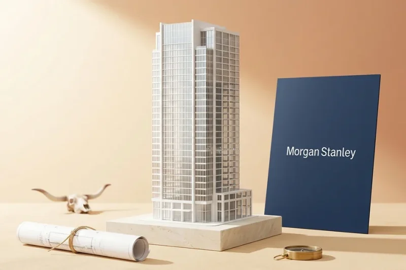 White scale model of a glass office tower on a limestone plinth next to a navy panel showing the Morgan Stanley logo, with a blueprint and a longhorn skull