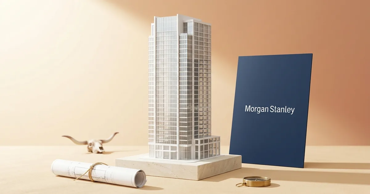 White scale model of a glass office tower on a limestone plinth next to a navy panel showing the Morgan Stanley logo, with a blueprint and a longhorn skull