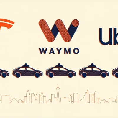 Risograph style print showing the Tesla, Waymo and Uber logos above a repeating row of driverless cars with roof sensor pods and a line drawing of the Las Vegas skyline