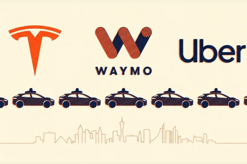 Risograph style print showing the Tesla, Waymo and Uber logos above a repeating row of driverless cars with roof sensor pods and a line drawing of the Las Vegas skyline