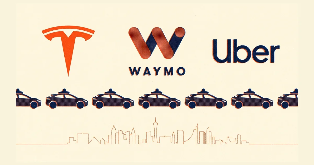 Risograph style print showing the Tesla, Waymo and Uber logos above a repeating row of driverless cars with roof sensor pods and a line drawing of the Las Vegas skyline
