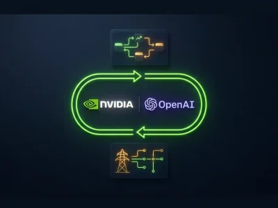Dark navy graphic showing the Nvidia and OpenAI logos encircled by a closed loop of green arrows, with a capital flow diagram above and an electrical pylon and grid schematic below
