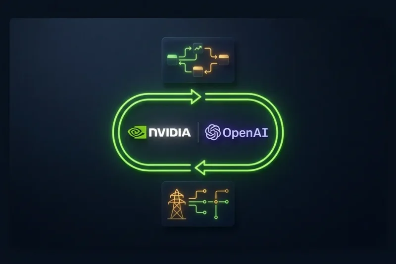 Dark navy graphic showing the Nvidia and OpenAI logos encircled by a closed loop of green arrows, with a capital flow diagram above and an electrical pylon and grid schematic below