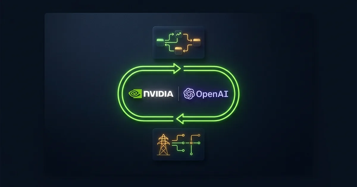 Dark navy graphic showing the Nvidia and OpenAI logos encircled by a closed loop of green arrows, with a capital flow diagram above and an electrical pylon and grid schematic below