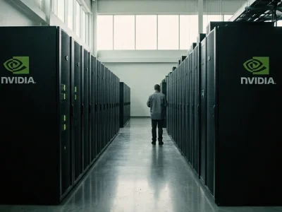 Aisle of black server racks branded with the NVIDIA logo inside a daylit data center hall, a technician standing at the far end