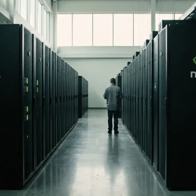 Aisle of black server racks branded with the NVIDIA logo inside a daylit data center hall, a technician standing at the far end