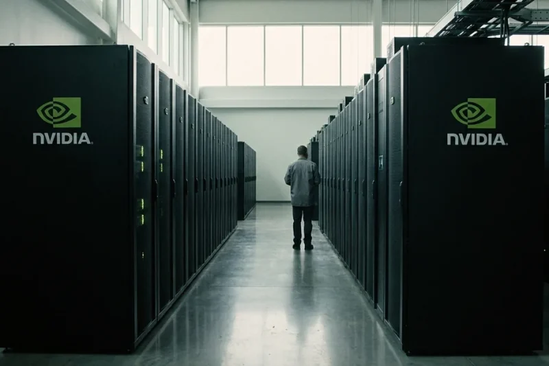 Aisle of black server racks branded with the NVIDIA logo inside a daylit data center hall, a technician standing at the far end
