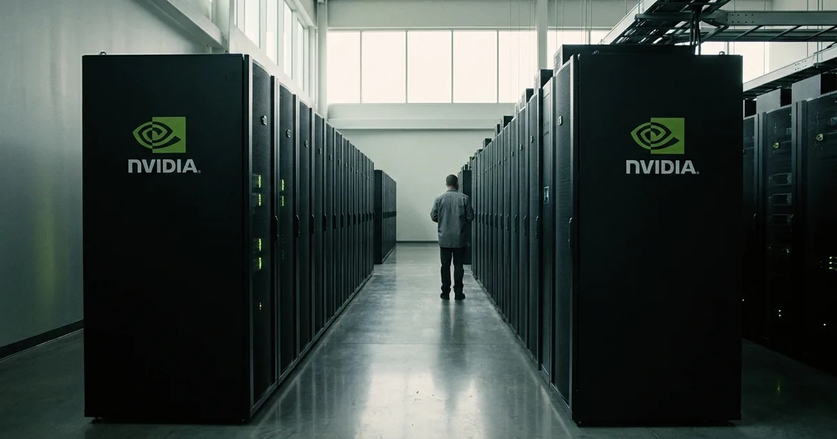 Aisle of black server racks branded with the NVIDIA logo inside a daylit data center hall, a technician standing at the far end