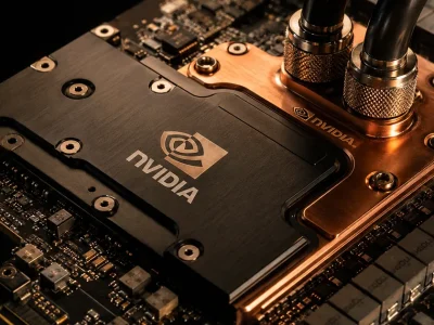 Macro view of a liquid-cooled Nvidia AI accelerator board with copper cold plate and coolant fittings