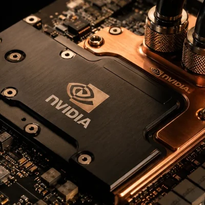 Macro view of a liquid-cooled Nvidia AI accelerator board with copper cold plate and coolant fittings