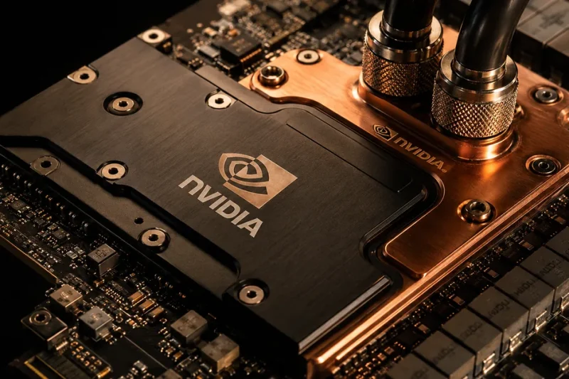 Macro view of a liquid-cooled Nvidia AI accelerator board with copper cold plate and coolant fittings