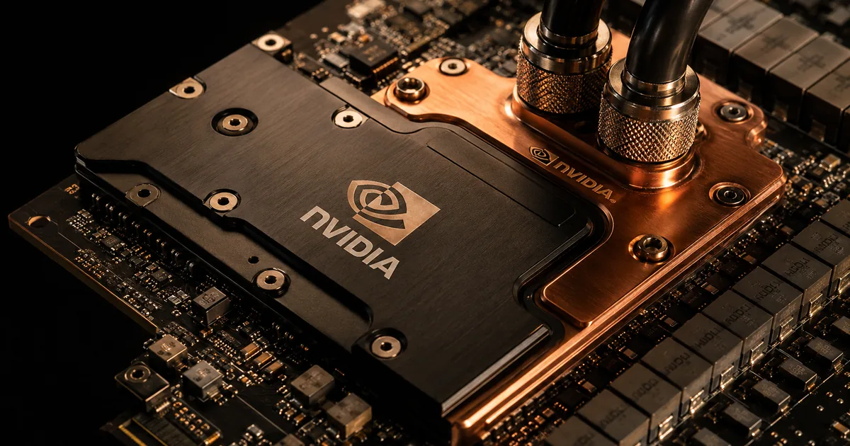 Macro view of a liquid-cooled Nvidia AI accelerator board with copper cold plate and coolant fittings