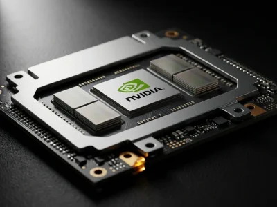 Extreme macro photograph of an Nvidia-branded AI accelerator package flanked by four stacked high-bandwidth memory dies on a black surface