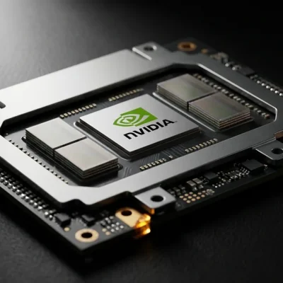 Extreme macro photograph of an Nvidia-branded AI accelerator package flanked by four stacked high-bandwidth memory dies on a black surface