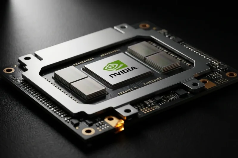 Extreme macro photograph of an Nvidia-branded AI accelerator package flanked by four stacked high-bandwidth memory dies on a black surface