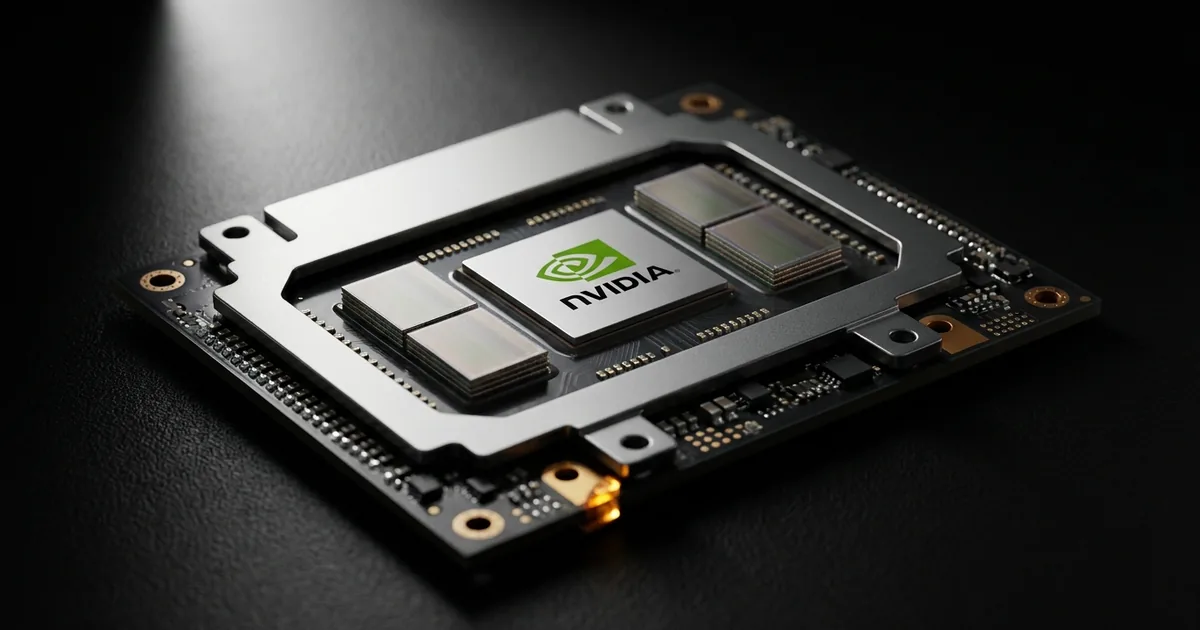 Extreme macro photograph of an Nvidia-branded AI accelerator package flanked by four stacked high-bandwidth memory dies on a black surface