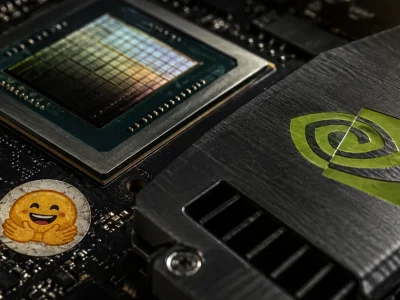 Macro photograph of an Nvidia GPU die and heatsink bearing the Nvidia eye logo, with a Hugging Face sticker attached to the circuit board beside it