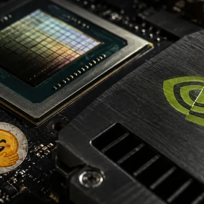 Macro photograph of an Nvidia GPU die and heatsink bearing the Nvidia eye logo, with a Hugging Face sticker attached to the circuit board beside it