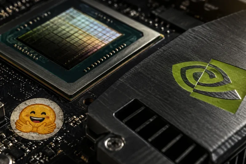 Macro photograph of an Nvidia GPU die and heatsink bearing the Nvidia eye logo, with a Hugging Face sticker attached to the circuit board beside it
