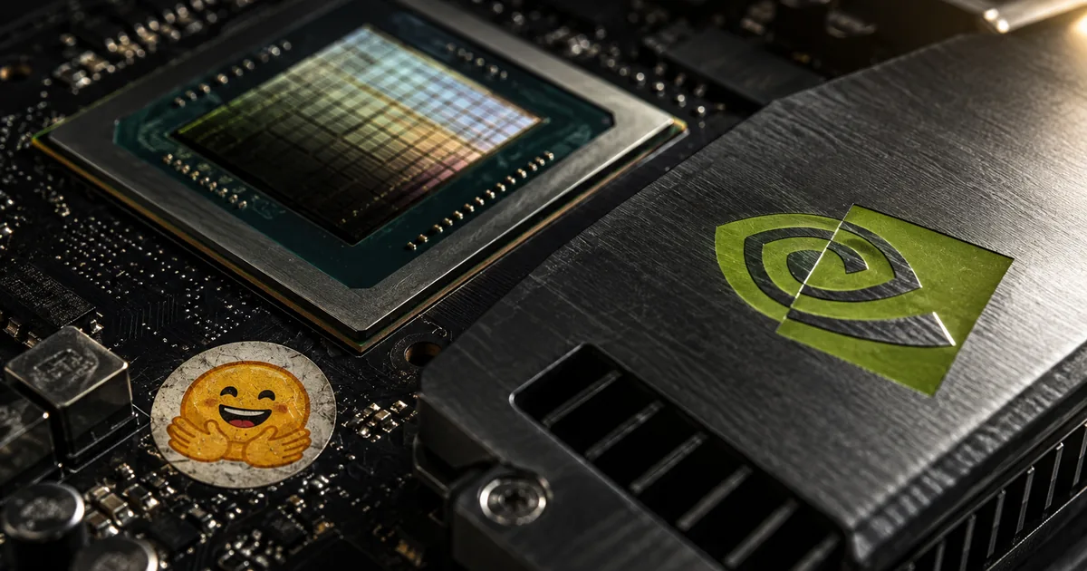 Macro photograph of an Nvidia GPU die and heatsink bearing the Nvidia eye logo, with a Hugging Face sticker attached to the circuit board beside it