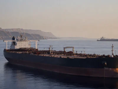 A laden crude oil supertanker lying at anchor in calm water at dawn near an arid coastline, with a second tanker on the horizon