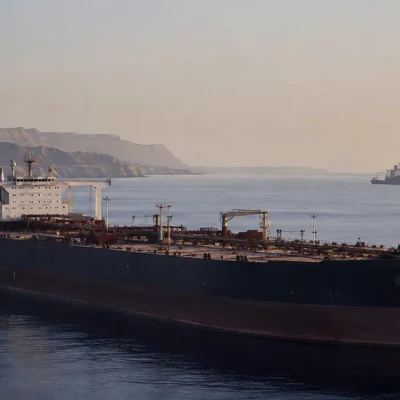 A laden crude oil supertanker lying at anchor in calm water at dawn near an arid coastline, with a second tanker on the horizon