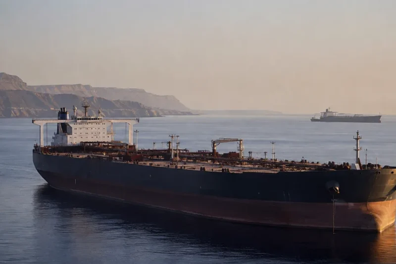 A laden crude oil supertanker lying at anchor in calm water at dawn near an arid coastline, with a second tanker on the horizon