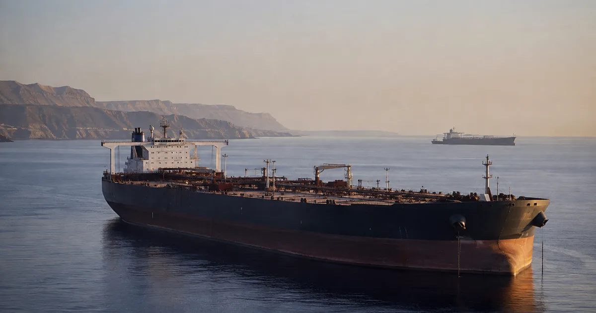A laden crude oil supertanker lying at anchor in calm water at dawn near an arid coastline, with a second tanker on the horizon