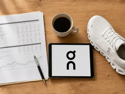 Overhead view of a wooden desk with a printed earnings report, a pen, black coffee, a tablet showing the On Running logo and a white On running shoe