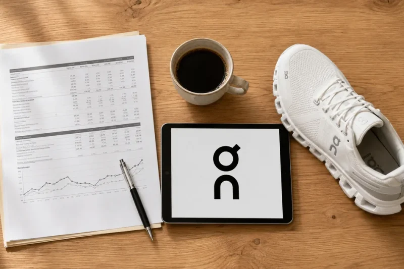 Overhead view of a wooden desk with a printed earnings report, a pen, black coffee, a tablet showing the On Running logo and a white On running shoe