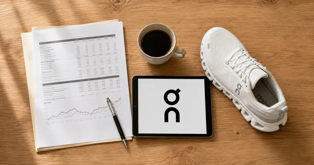 Overhead view of a wooden desk with a printed earnings report, a pen, black coffee, a tablet showing the On Running logo and a white On running shoe