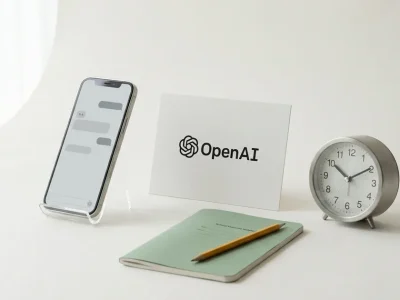 High key studio still life on a white background showing a smartphone with a plain chat interface, a white card bearing the OpenAI logo, a green school exercise book with a pencil, and a brushed steel alarm clock
