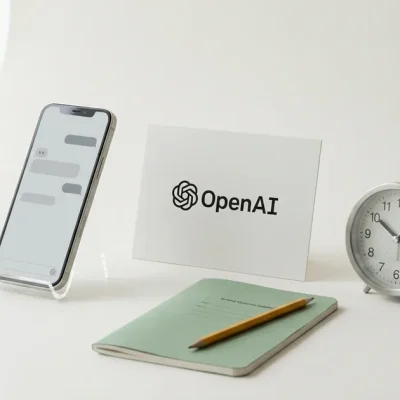 High key studio still life on a white background showing a smartphone with a plain chat interface, a white card bearing the OpenAI logo, a green school exercise book with a pencil, and a brushed steel alarm clock