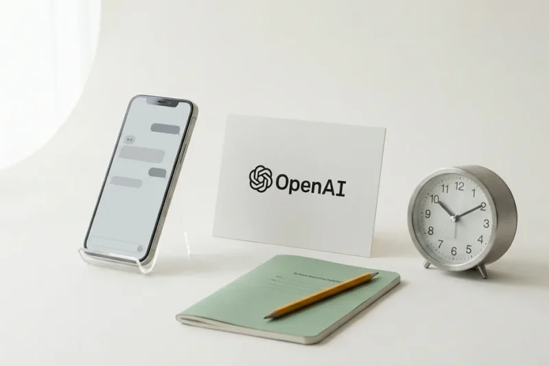 High key studio still life on a white background showing a smartphone with a plain chat interface, a white card bearing the OpenAI logo, a green school exercise book with a pencil, and a brushed steel alarm clock