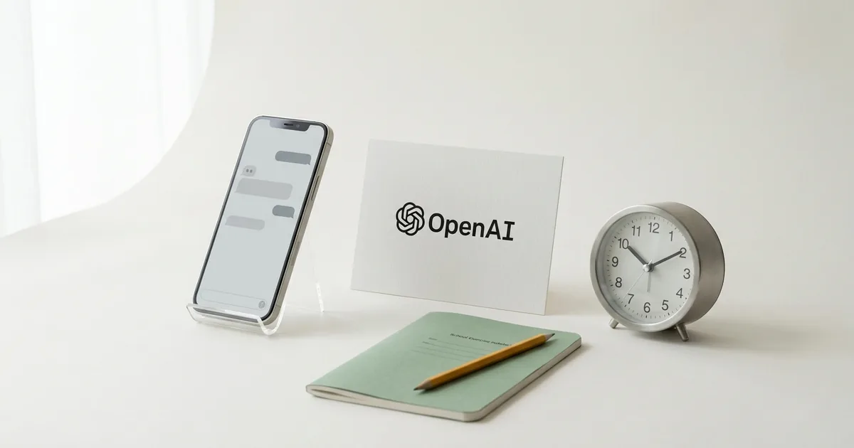 High key studio still life on a white background showing a smartphone with a plain chat interface, a white card bearing the OpenAI logo, a green school exercise book with a pencil, and a brushed steel alarm clock