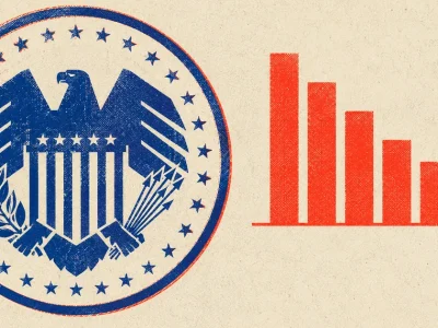 Two-colour risograph poster: a blue Federal Reserve eagle seal at left, and at right a row of vermilion bars stepping down until the final bar drops below the baseline