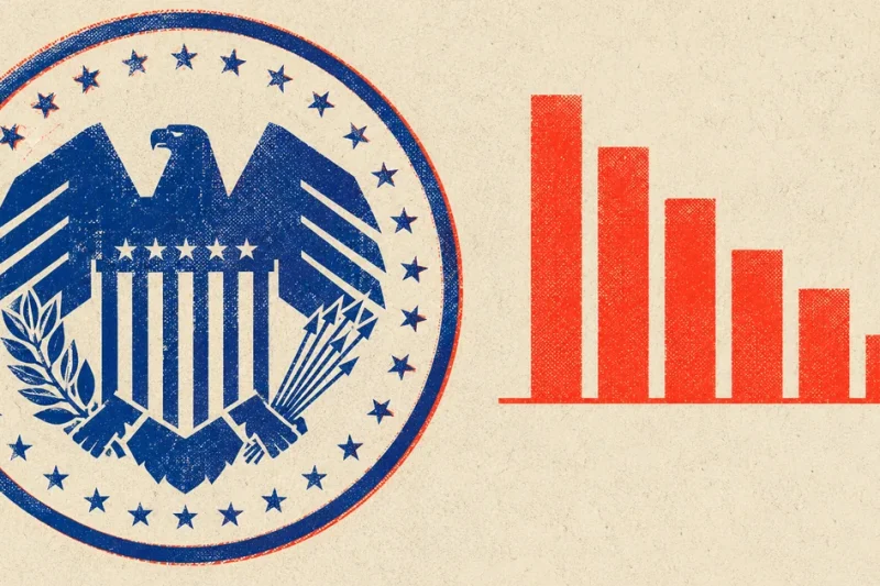 Two-colour risograph poster: a blue Federal Reserve eagle seal at left, and at right a row of vermilion bars stepping down until the final bar drops below the baseline